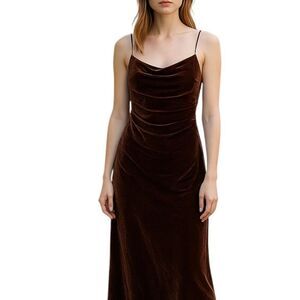 NWT Zara Brown Velvet Ruched Spaghetti Strap Maxi Dress Size XS